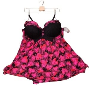 Secret Treasures Black and Pink Sheer Lingerie with Heart Print Size 3X NWT